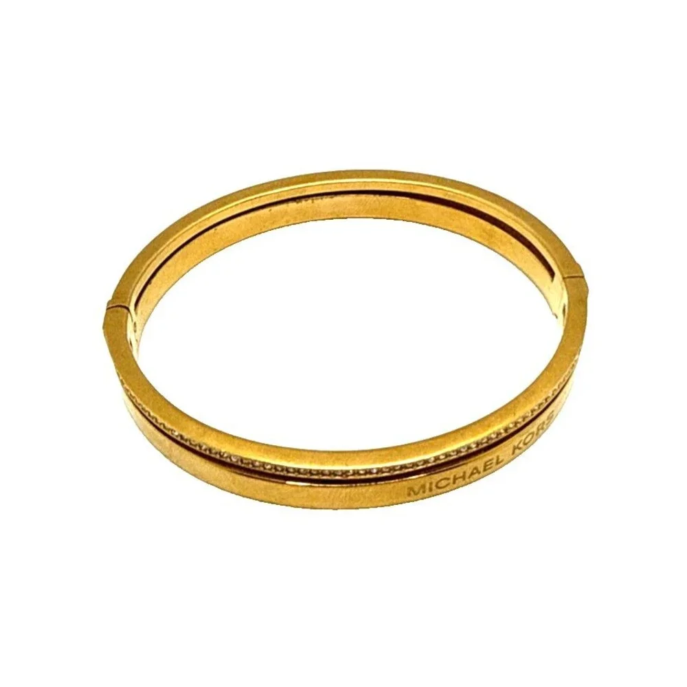 Michael Kors Gold Tone Crystal Rhinestone Bracelet Hinged Logo Bangle 7.5